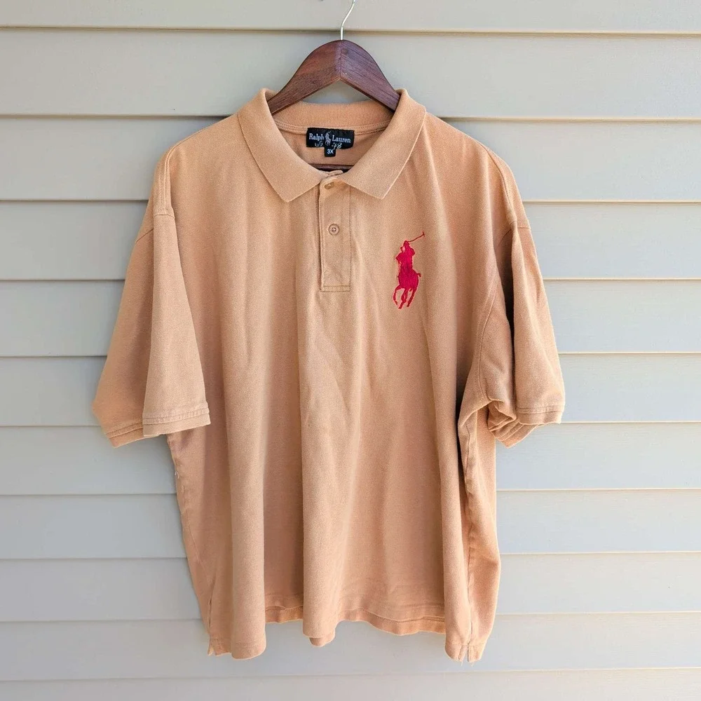 Ralph Lauren Polo Shirt Mens 3X Tan Big Pony Red Logo Short Sleeve